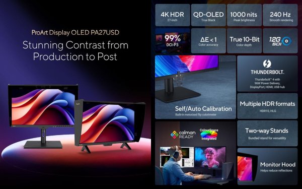 股票配资平台 华硕推 OLED 彩监 PA27USD：4K 240Hz 1000nits，12G SDI + 雷电4